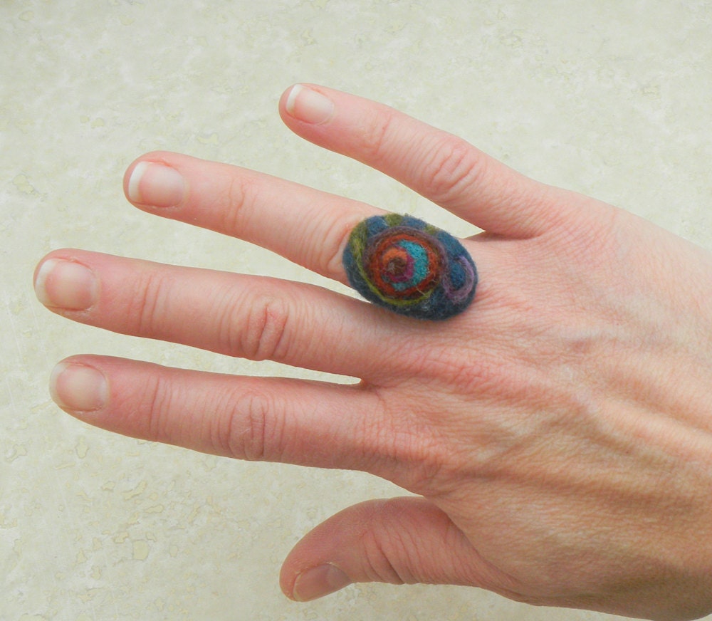 Abstract Felted Ring in Navy Blue and Fall Colors -- Unique Needle Felted Design on Adjustable Textured Silver-Plated Band OOAK