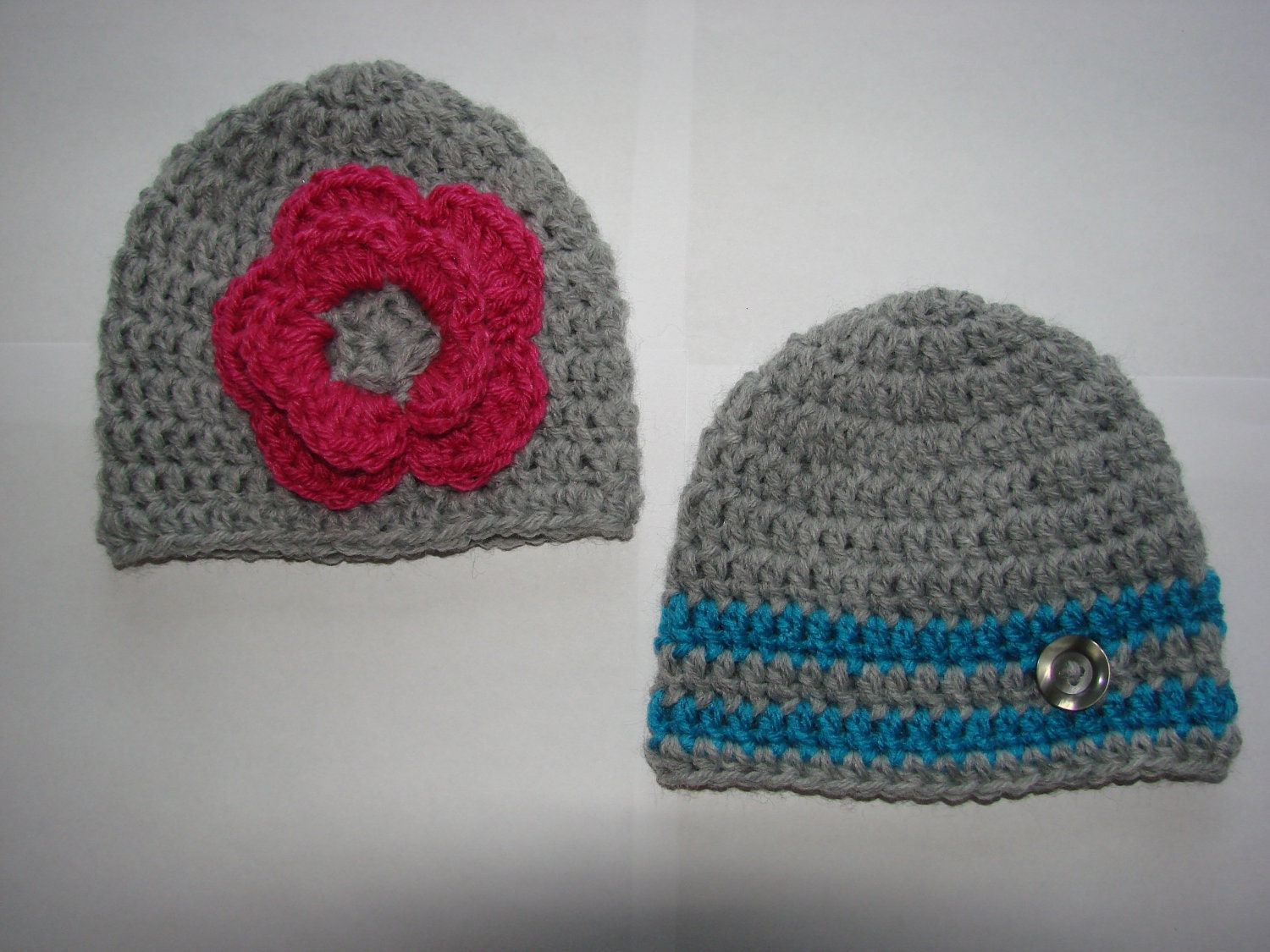 Soft wool blend Twins Crochet baby boy girl set of 2 hat beanie grey blue pink handmaded 0-4 months newborn shower gift phopo prop