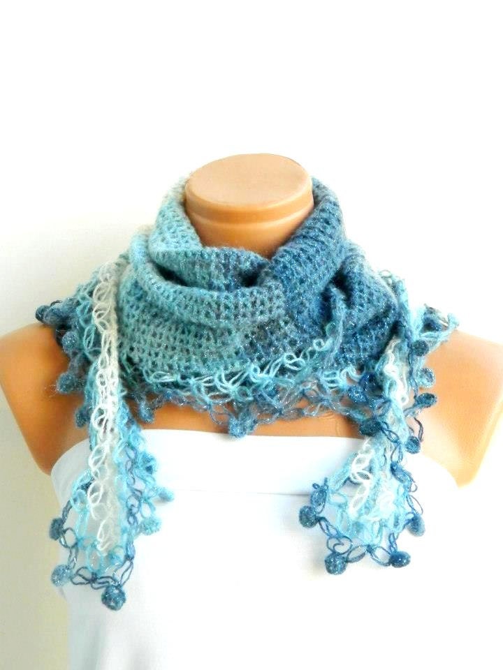 Hand knit scarf All shades of blue. Multicolor, hand knit, womens scarf. Personalized Design. Neckwarmer, scarflette...