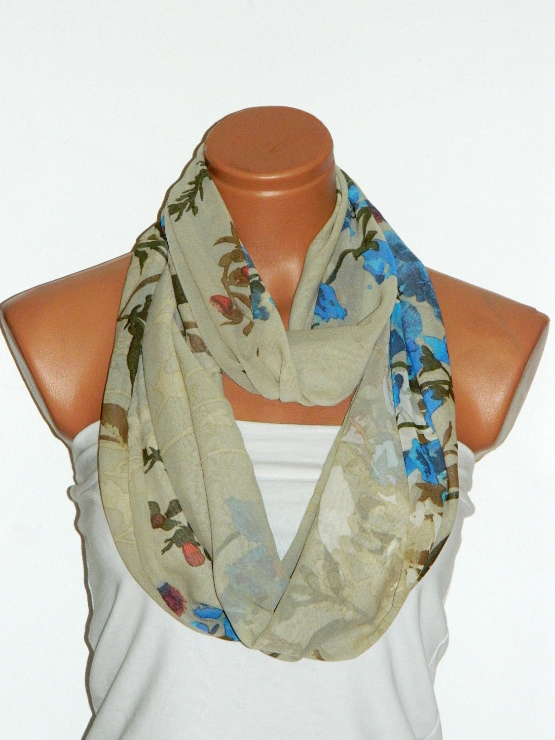 Lime Green Floral Scarf,Silky Chiffon Loop Infinity Scarves. Circle Scarf . Womens Accessories.