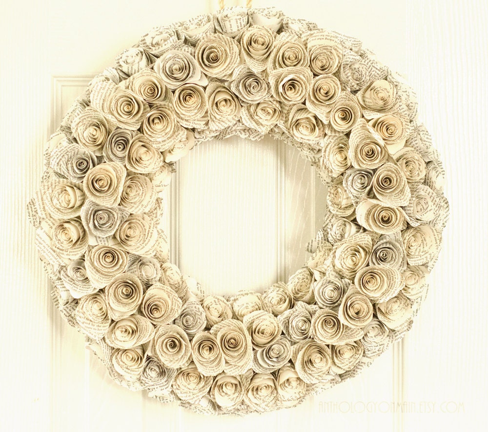 Medium Pride and Prejudice Book Page Rosette Wreath - Upcycled Wedding & 1st Anniversary Gift - Jane Austen Home Decor