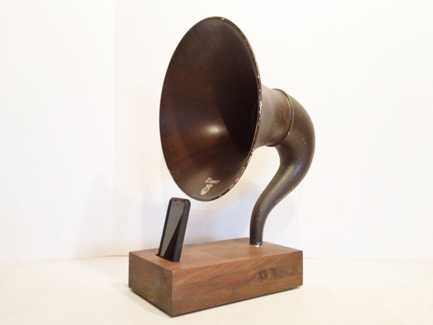 Acoustic  iPhone Speaker Dock Utilizing a Vintage TOWER Gramophone Horn -Ready to Ship-