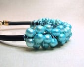 Turquoise blue pearl bracelet Urban chic black rubber bracelet  Stackable bracelet Wire wrapped pearl jewelry Contemporary beaded jewelry