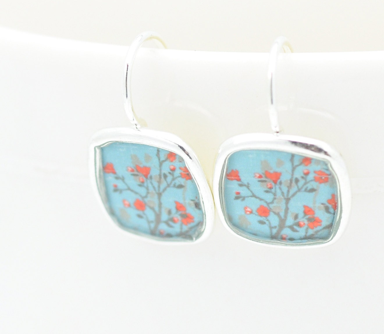 Aquamarine Orange Flower Earrings Silver Square Earrings Lightweight Earrings