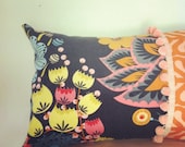Velvet Floral pillow cover, pink gimp, navy, orange, blue, pink, yellow, boho, 12x18 inches