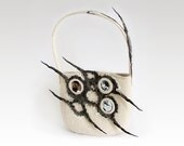 Unique felted handbag, cream white with brown, eco-friendly