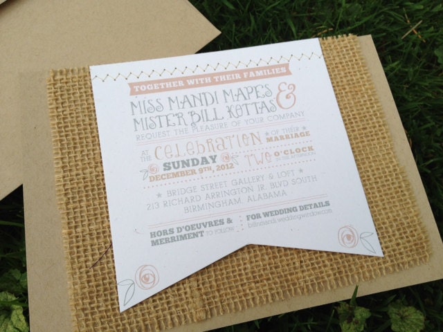 TeaRose Wedding Invitation- Burlap Tag Flag Sewn - Kraft Rustic Shabby Chic Simple Vintage Blush tan Pink