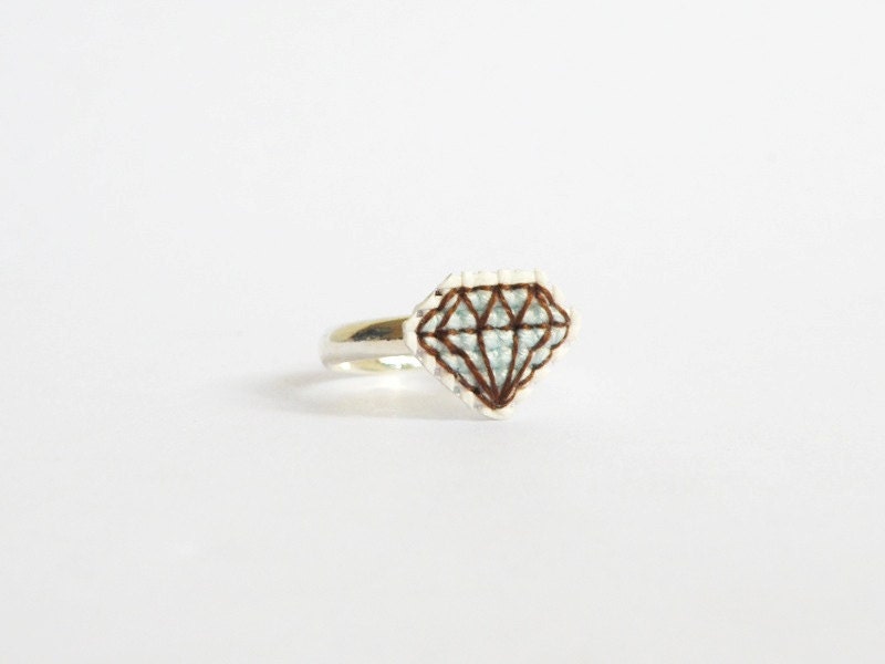 Diamond ring cross stitch - aquamarine, gifts for her, gifts under 15, Made to order