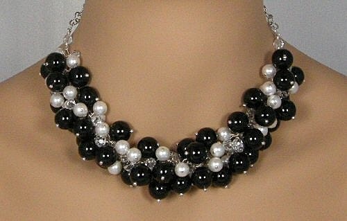 Black and White Necklace: Black Onyx, Pearl and Crystal Cluster Statement Necklace