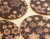 ON SALE: Set of 4 Hand Printed Cork Coasters - Snowflake Coasters - Hostess Gift - Printed Coasters