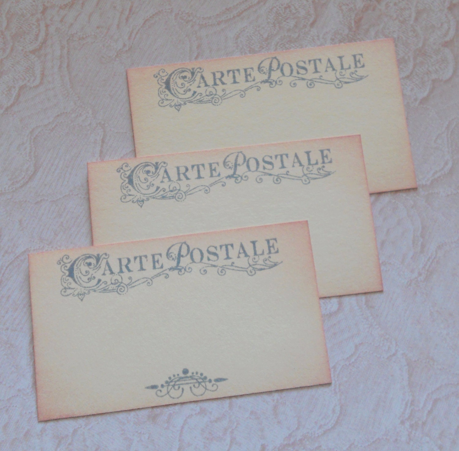 Mini wedding postcards, vintage escort tags, Carte Postale cards, guest book alternative, table place cards, hand stamped set of 50.