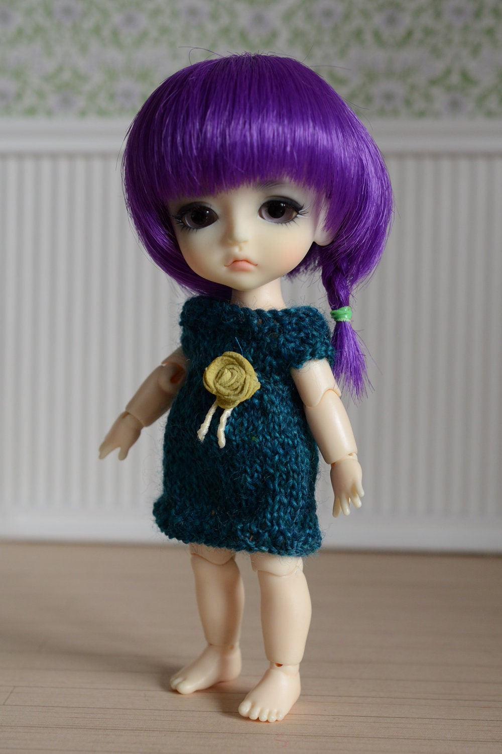Beautiful teal blue sweater dress with lime suede flower embellishment for Lati Yellow, pukifee and similar dolls
