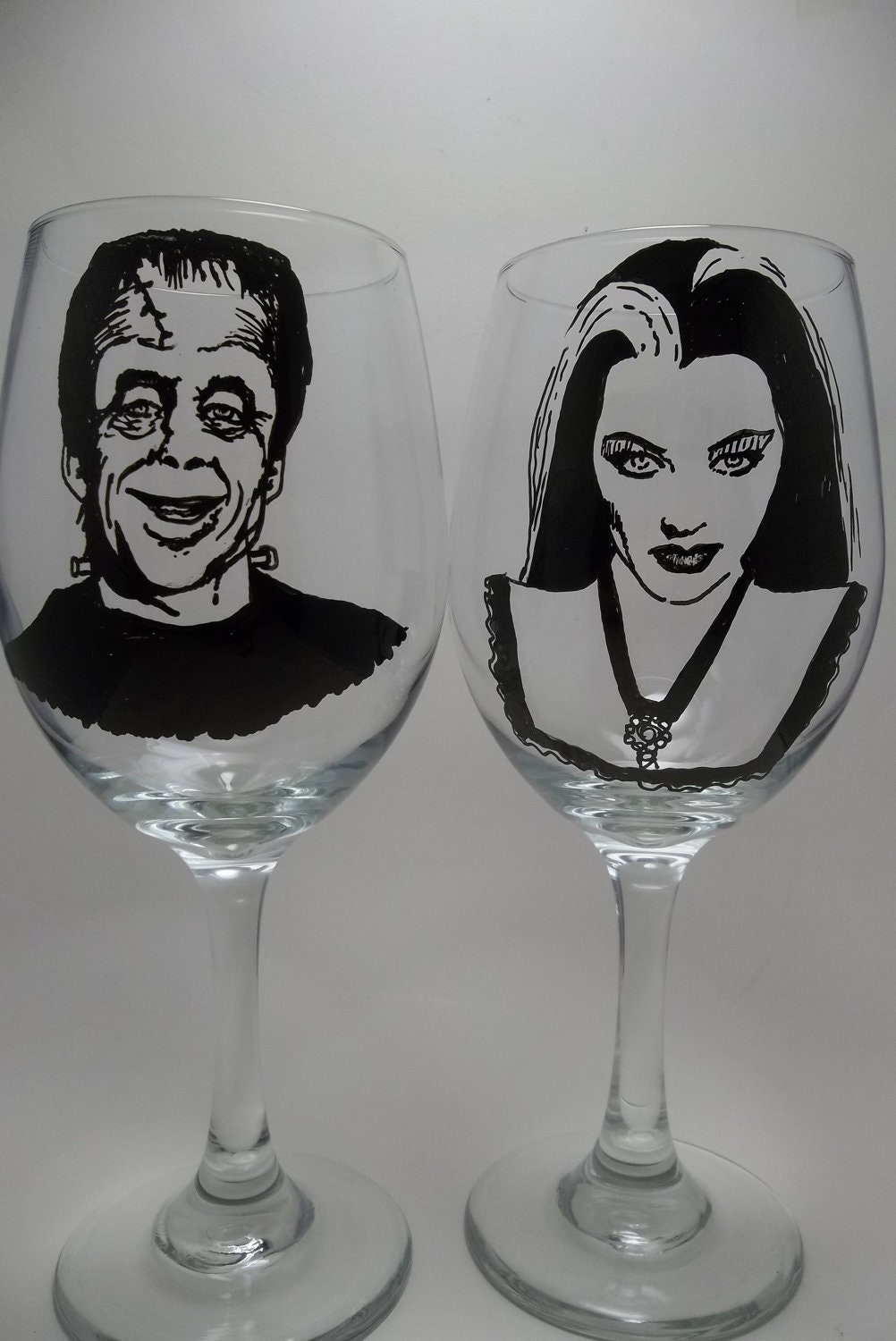 Munsters Wine Glasses, hand painted wine glasses