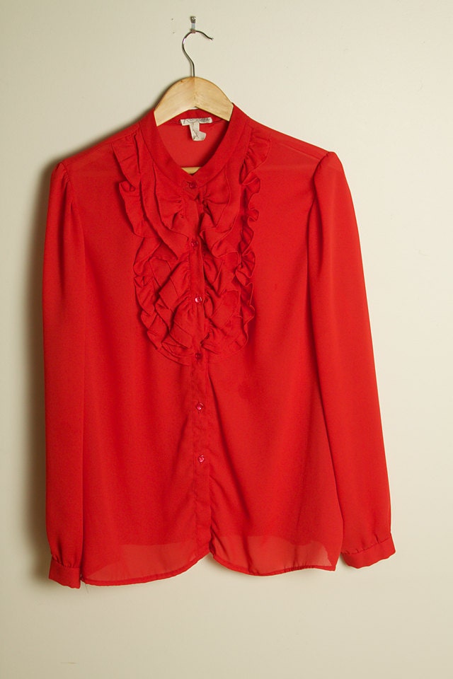 Mod Vintage Hipster Retro Long Sleeved Polyester Red Blouse With Ruffles  Women's Size XL