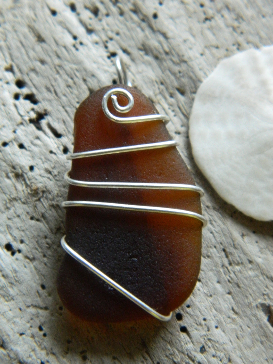 Brown Sea Glass and Sterling Pendant
