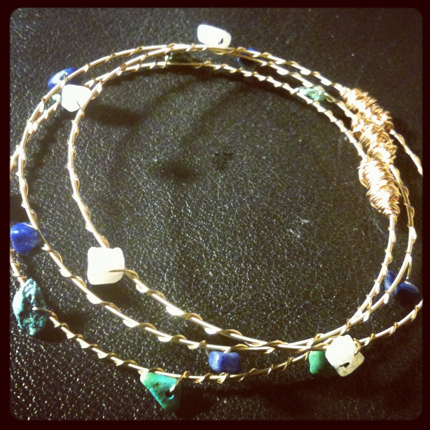 Turquoise, Lapis Lazuli and Moonstone Bangle Bracelet Set made with Recycled Guitar Strings