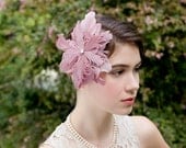 Ombre Rose Pink Feather Art Deco Fascinator Headpiece with Swarovski Crystal Center
