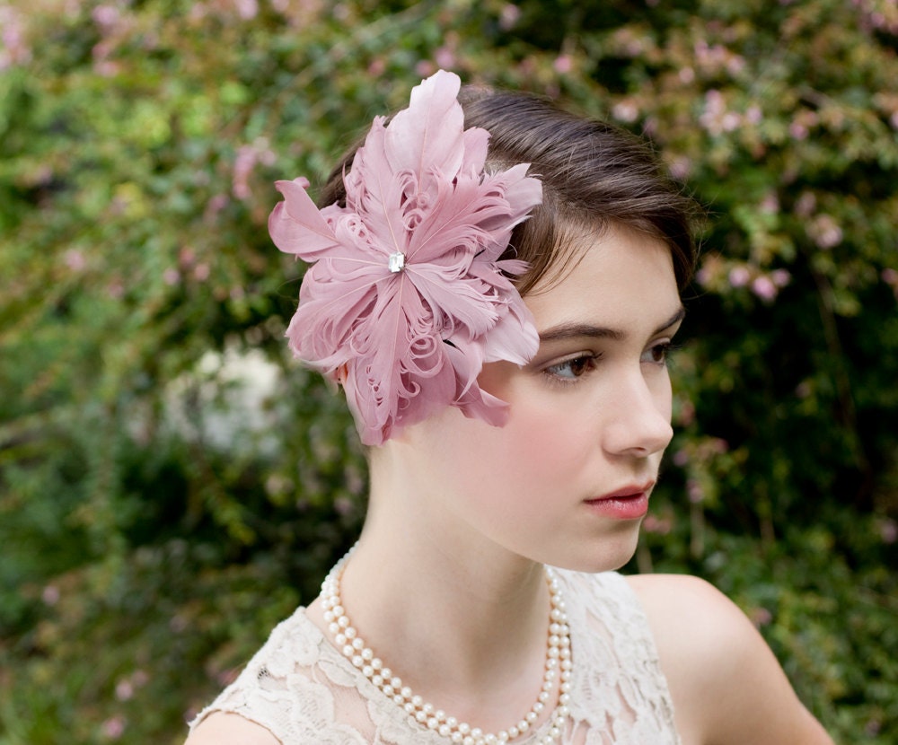 Ombre Rose Pink Feather Art Deco Fascinator Headpiece with Swarovski Crystal Center