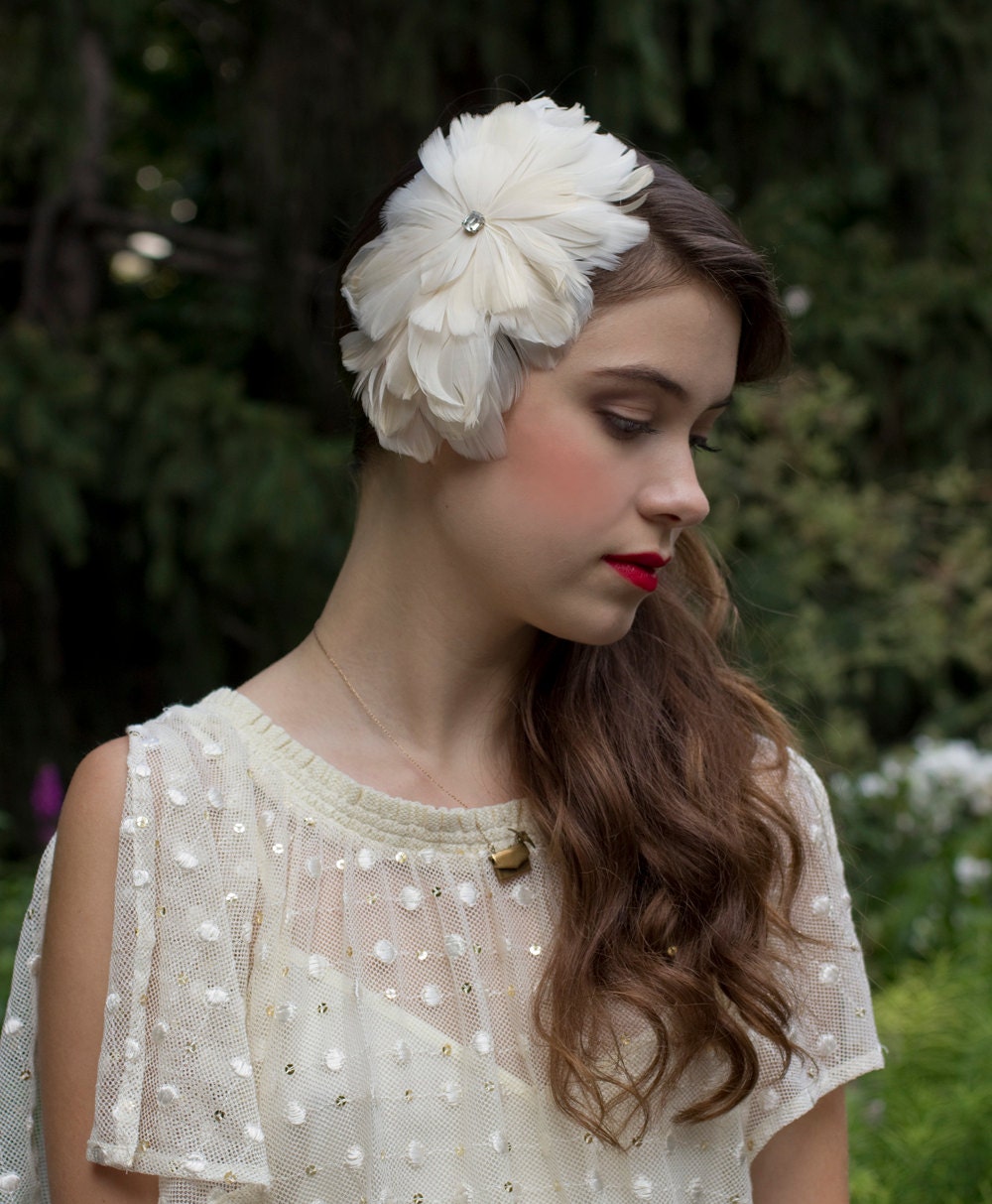 Ivory Feather Art deco Fascinator Headpiece with Swarovski Crystal Center