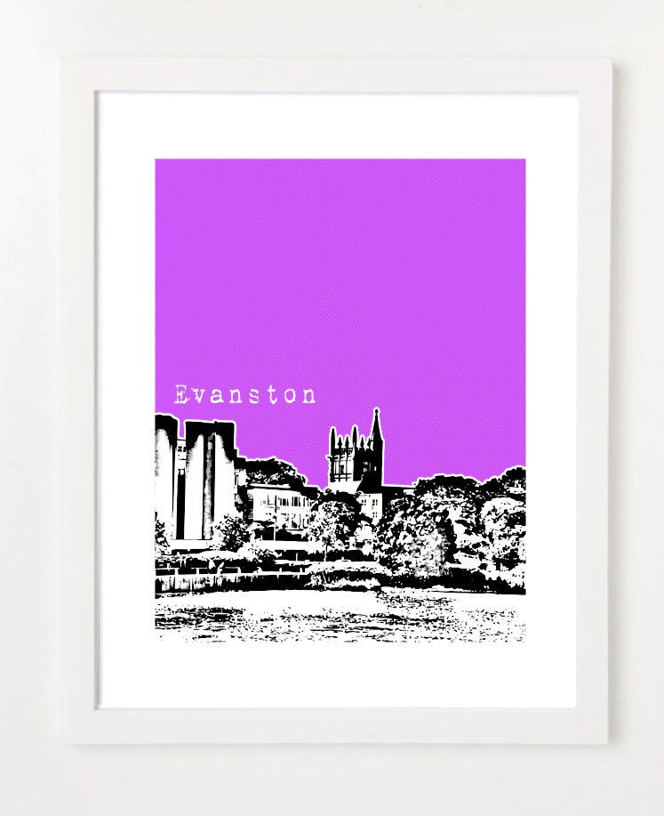 Evanston, Illinois Art Poster  - City Skyline Print  8x10 - Northwestern University - Choose Your Color