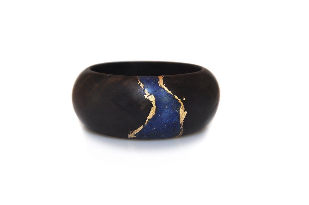 Wood Bracelet with Deep Blue Lapis, Gold Leaf and Black Olivewood - Evening Elegance