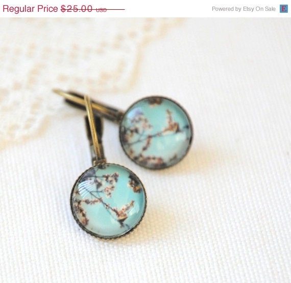 ON SALE 20% OFF Spring Cherry Blossoms Earrings Wearable Photo Art Vintage Inspired - Shabby Chic - Robin blue egg - Aqua Blue Mint Green -