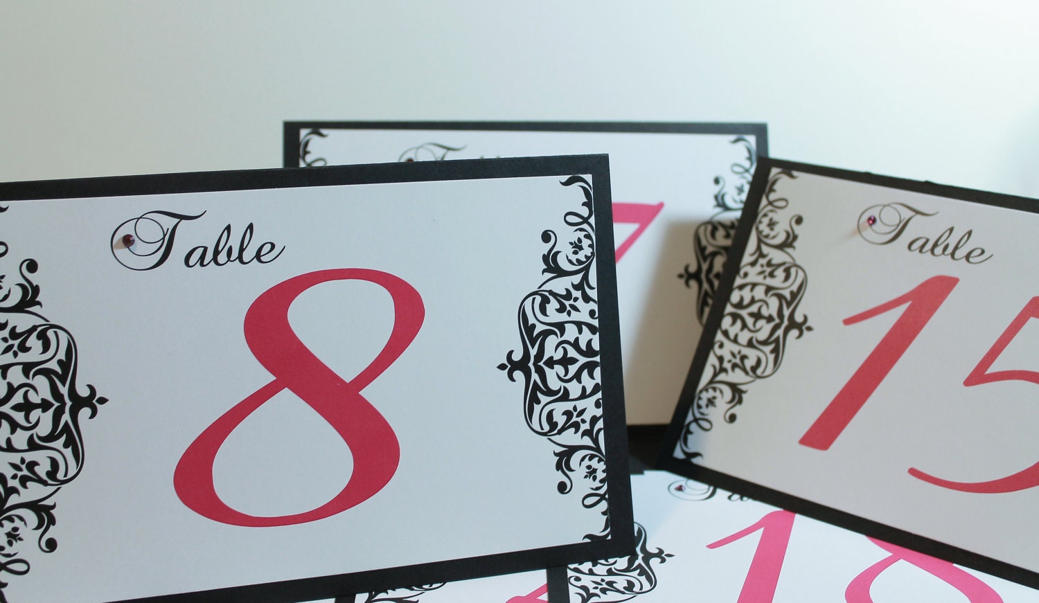 Set of 10 Customizable Black White Damask Wedding Tent Table Numbers with Crystal Accent Il_570xn