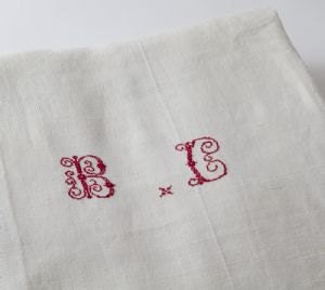 French vintage linen sheet with hand embroidered red initials