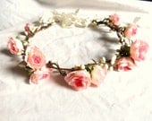 Woodland flower hair wreath (pink rose) - Wedding headpiece, headband, vintage inspired rose crown, french ribbon pip berries