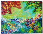 SALE - ABSTRACT LANDSCAPE Painting, Original Acrylic Artwork, Bold Colors, Crimson Red, Kelly Green, Jewel Tones, Gift for Her, Home Decor