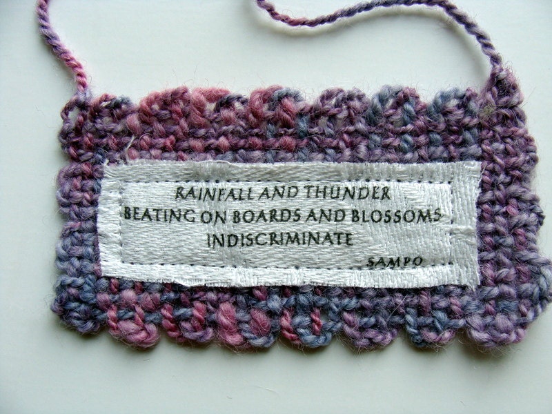Purple Pink Wall Hanging Haiku Small Handwoven Ornament Fiber Art Poetry Hand Spun Pink Purple Lavender Wool Vintage Cotton Words