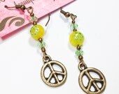 Dangle Earrings with Yellow & Green Millefiori Glass Beads and Green Swarovski Crystals with Antique Bronze Peace Sign Charms