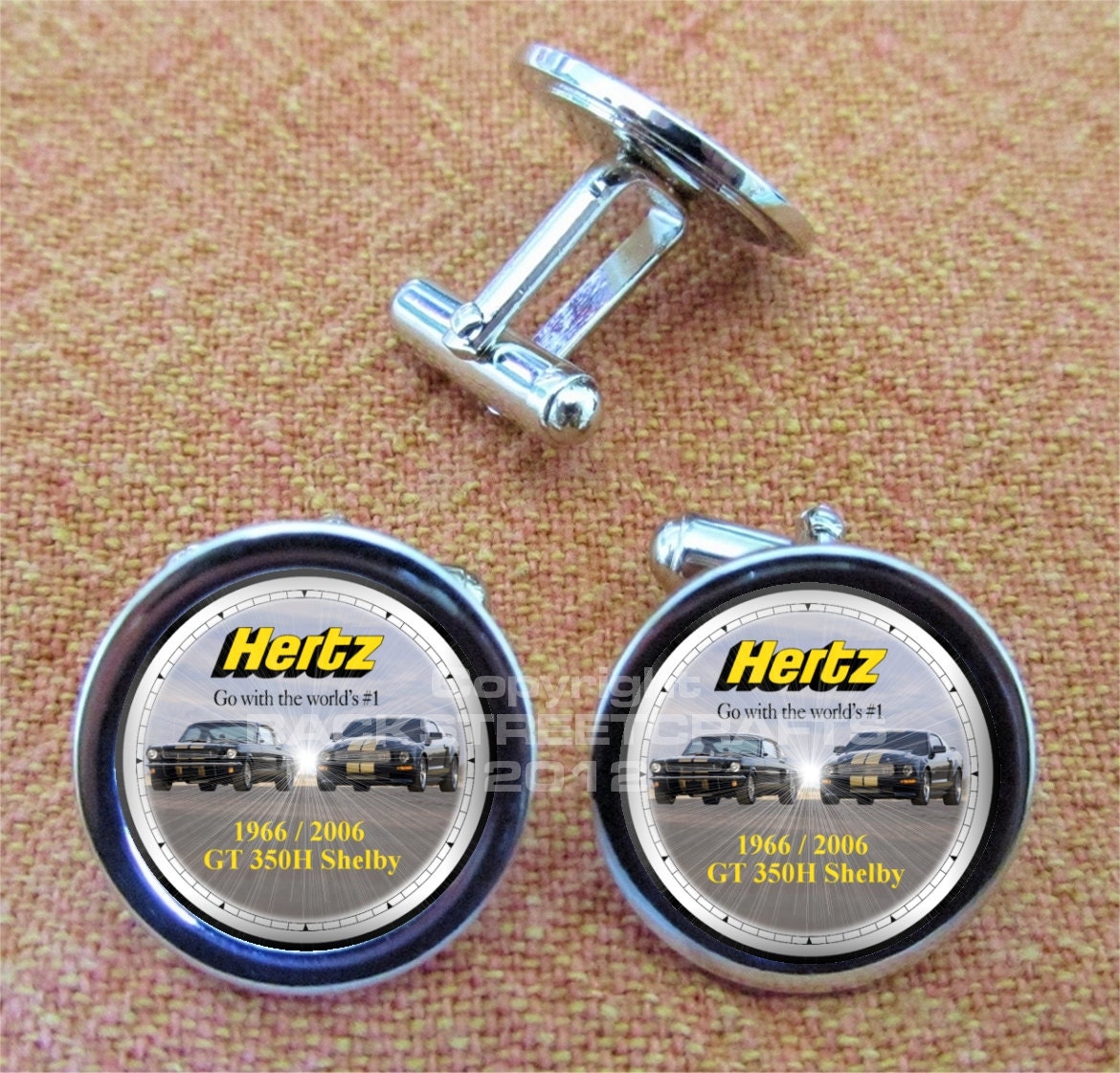 HERTZ GT350H SHELBY 1966 and 2006 ford Nickel Plated Cuff Link Pair Free gift Box Weddings  Christmas Quickship Under 20.00