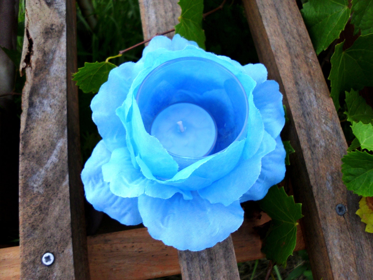 Mother's Day Gift, Handmade Tealight/Votive Holder, Blue Faux Rose, Glass Holder