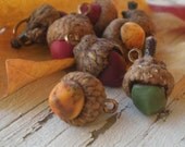 Teeny Tiny Oak Fruit- polymer clay acorn charms- ONE- real acorn caps. Mustard. Plum. Moss green. Ruby. Rustic fall charms.  Jettabugjewelry