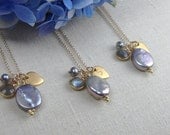 Set Of Three Personalized Bridesmaid Necklaces - Bezel Set Labradorite Necklace - Coin Pearl Necklace