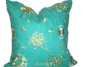 Embroidered Accent Pillow Cover.16x16 inch.Decorator Pillow Cover.Aqua.Turquoise.Suzani.Cushion Cover