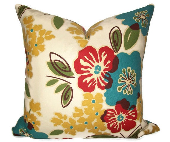 Red.Turquoise.Gold Yellow.Green. Flower Pillow.16x16 inch.Decorator Pillow Cover.Printed Fabric .Floral Pillow Cushion