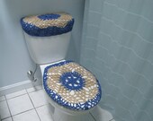 Set of 2 Crochet Covers for Toilet Seat & Toilet Tank Lid, Cozies- denim/buff (TSTTL5B)