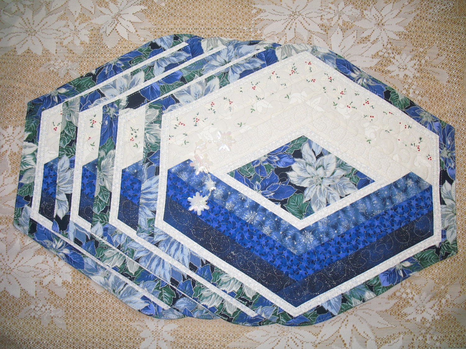 Quilted Reversible Placemat 4 set  -  Blue Poinsettia  -  125