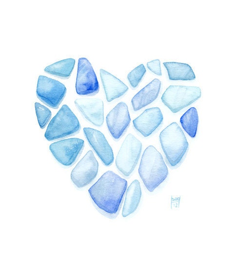 Sea Glass Heart... Original watercolor painting- Blue ocean ombre - SandraOvono