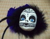 OOAK, Hand Painted, Sugar Skull, Rockabilly, Psychobilly, Pin Up Girl, Halloween, Baby Doll, Feather, Black, Purple, Fascinator, Hair Clip