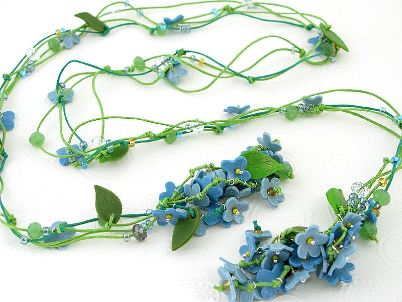 Blue floral lariat. Forget-me-not bouquet polymer clay necklace. Handcrafted unique jewelry. FREE SHIPPING. Made to order