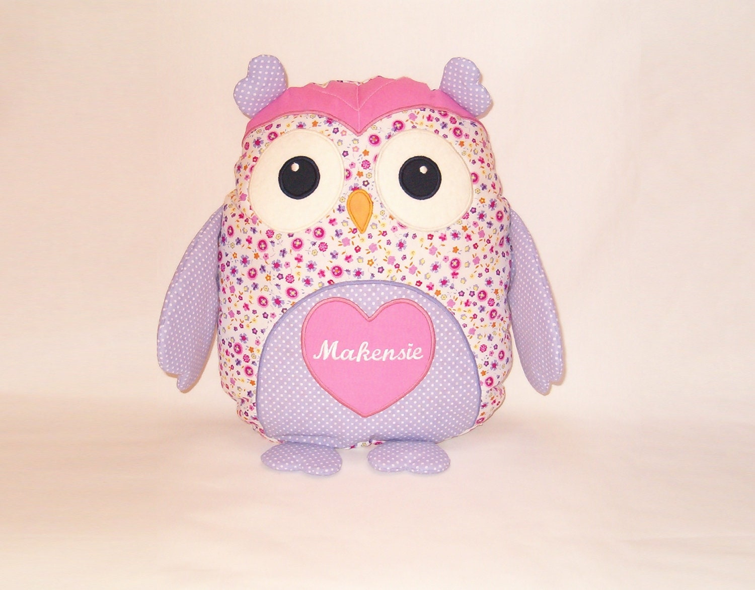 Personalized Owl Pillow - Sweet Heart Owl Baby Shower - purple, yellow, pink- white - HET -
