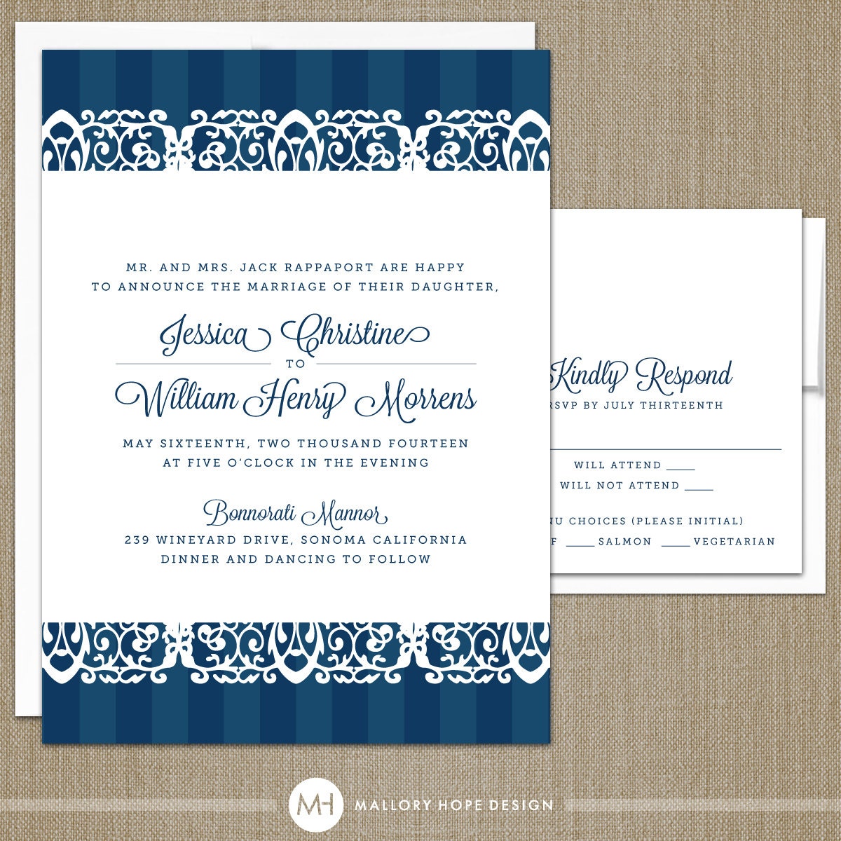 White Lace and Stripes Modern Wedding Invitation & RSVP Set - CUSTOMIZE Colors and Content - Digital Design Files