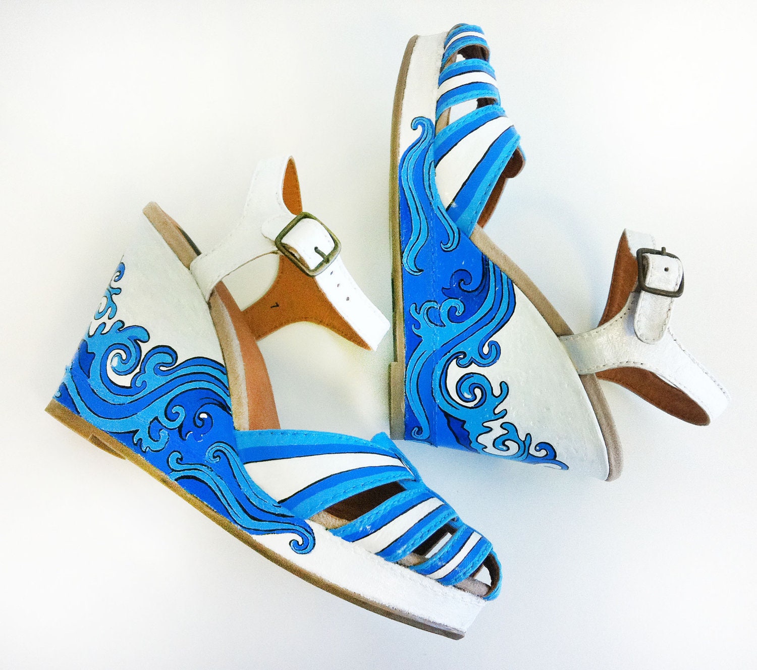 Summer Hand Painted Shoes/ Hand Painted Platform/ Summer wedding Shoes/ Blue wedges/Bridal Summer Shoes