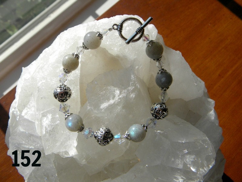 Large Labradorite rounds with swarovski crystals and large Ornate Pewter beads Bracelet