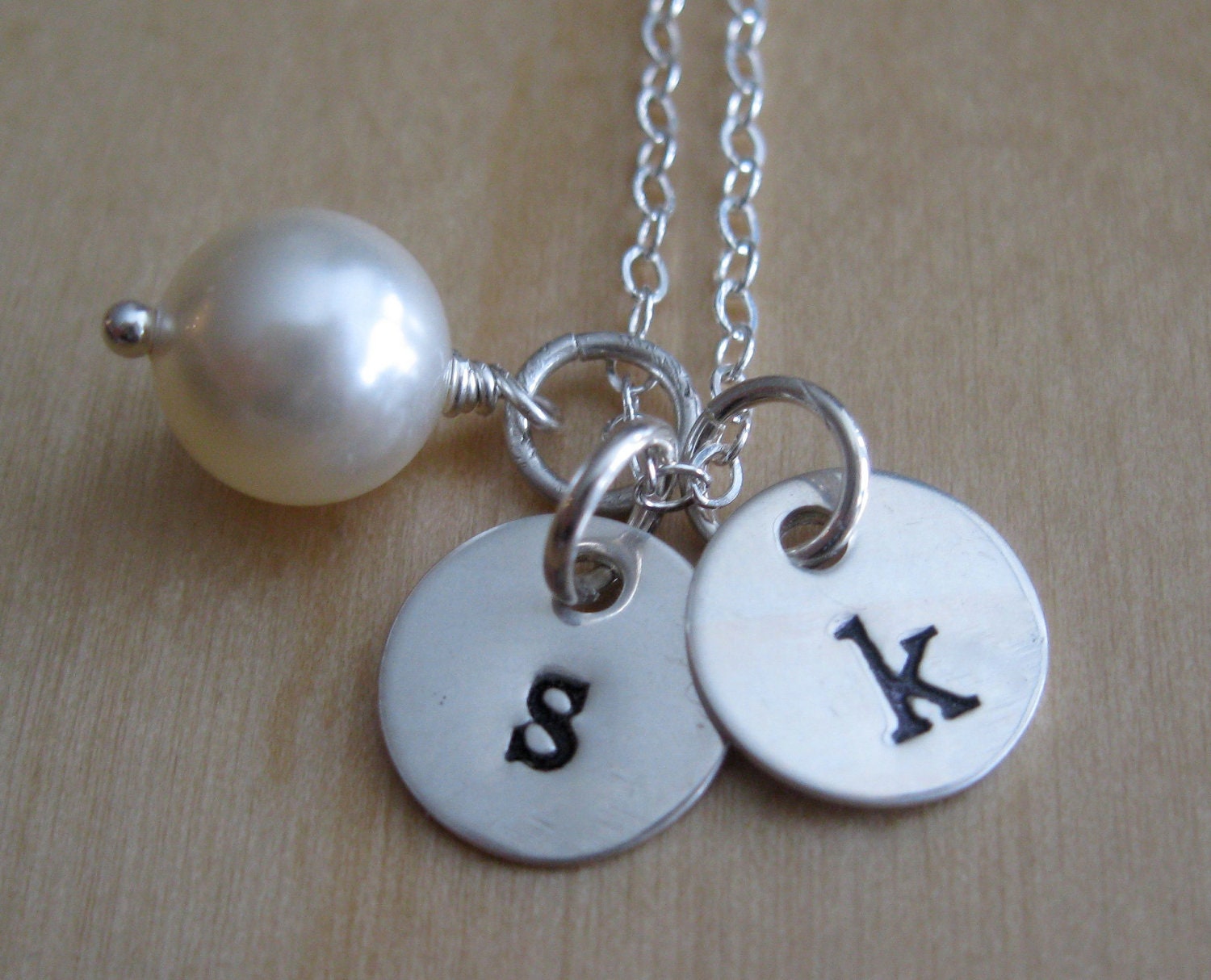Sterling Silver Initial Necklace - Two (2) Tiny Hand Stamped Initial Charms with a Pearl - Personalized Jewelry - Silver Monogram Necklace