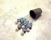 Set of 6 pale turquoise aqua Tiffany Swarovski gem silver flower decorative straight pins sewing craft room, corsages, bulletin board TAGT - GaffneyGirlStudio