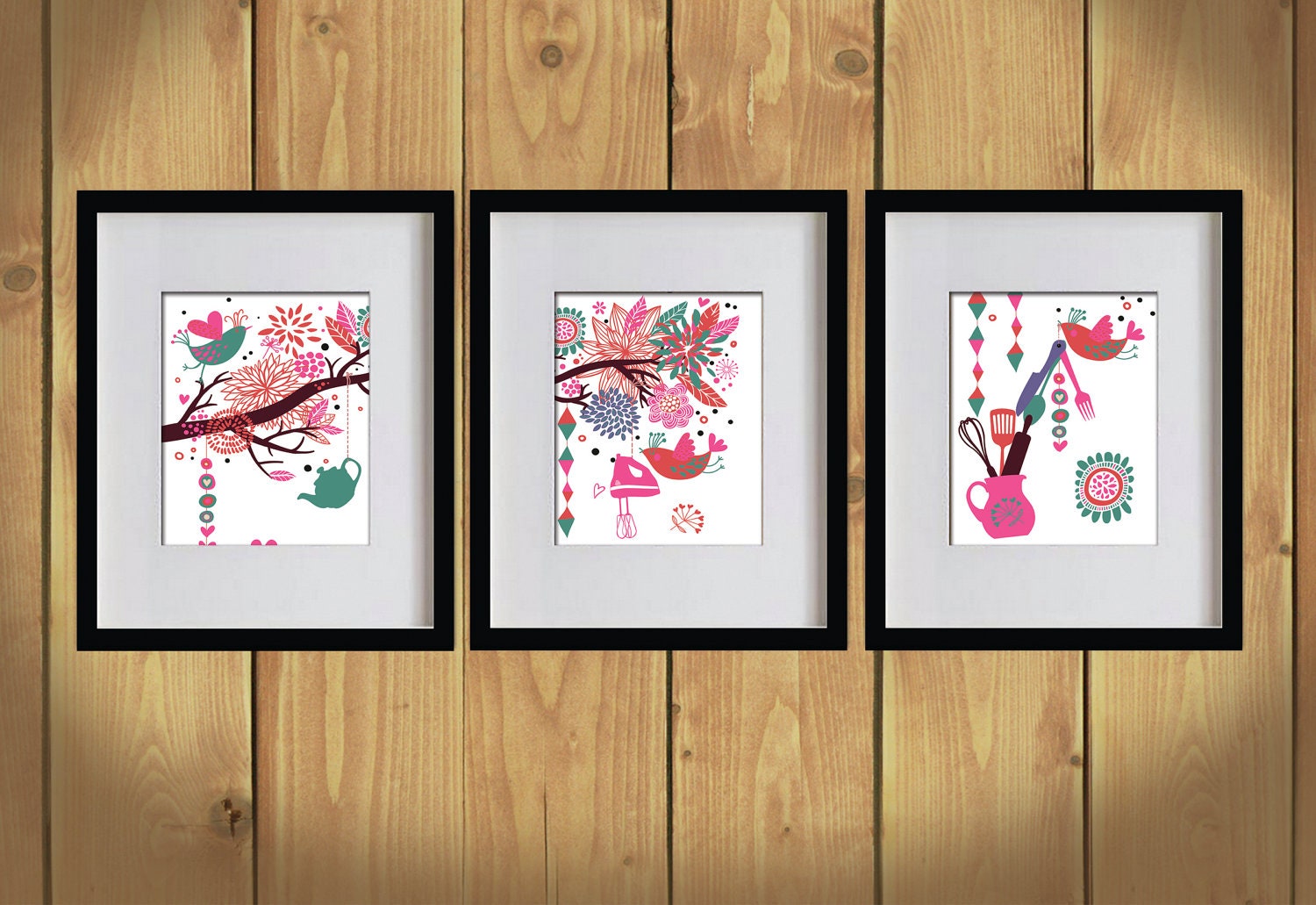 Kitchen Art Print - Hanging Lovely Utensils, Kettle, Mixer  - Set of 3 - 8X10 - Hot Pink,Red,Teal Green, Trees, Birds, Floral - No. KB004-2